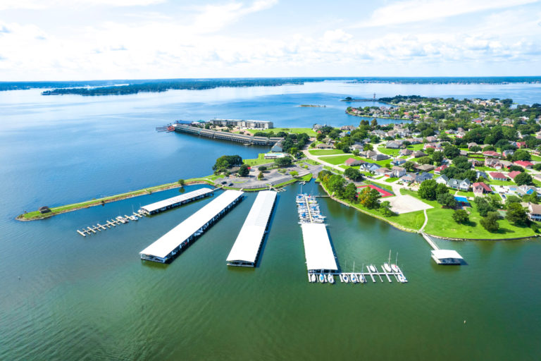 Photo of lake conroe with the resort in the background. Aerial View